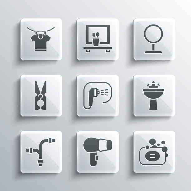 设置电吹风，肥皂条，水龙头脸盆，淋浴器，工业金属管，衣针，烘干衣服和圆形化妆镜图标。向量图片下载