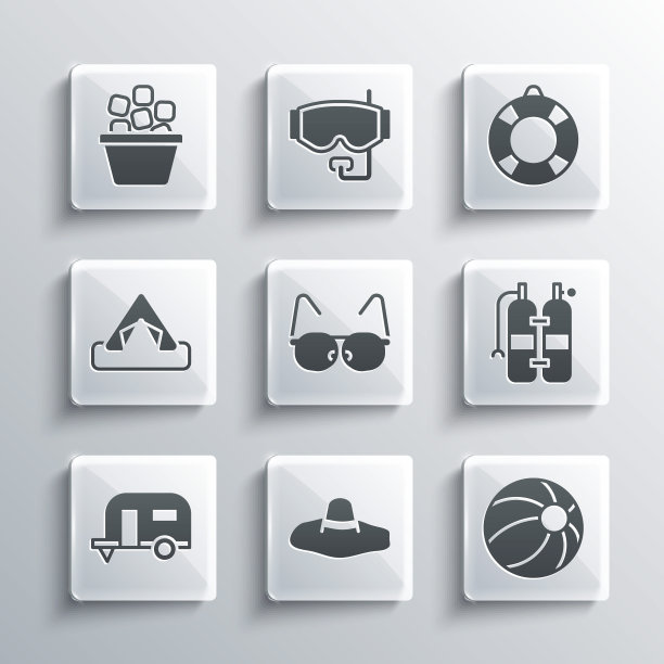 设置优雅的妇女帽子，沙滩球，水龙，眼镜，房车露营拖车，旅游帐篷，冰桶和救生圈图标。向量图片下载