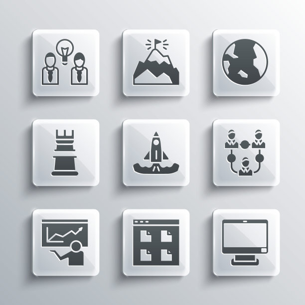 设置浏览器文件，计算机显示器，项目团队基地，火箭，培训，演示，商业战略，灯泡和地球图标的人。向量图片下载