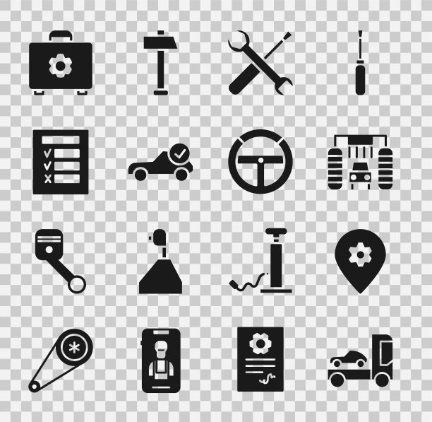 设置汽车运输卡车，位置与汽车服务，清洗，螺丝刀和扳手扳手，自动检查汽车，检查，工具箱和方向盘图标。向量图片下载