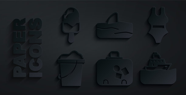 设置手提箱，泳装，沙子在桶，游轮，鱼翅海浪和冰淇淋图标。向量图片下载