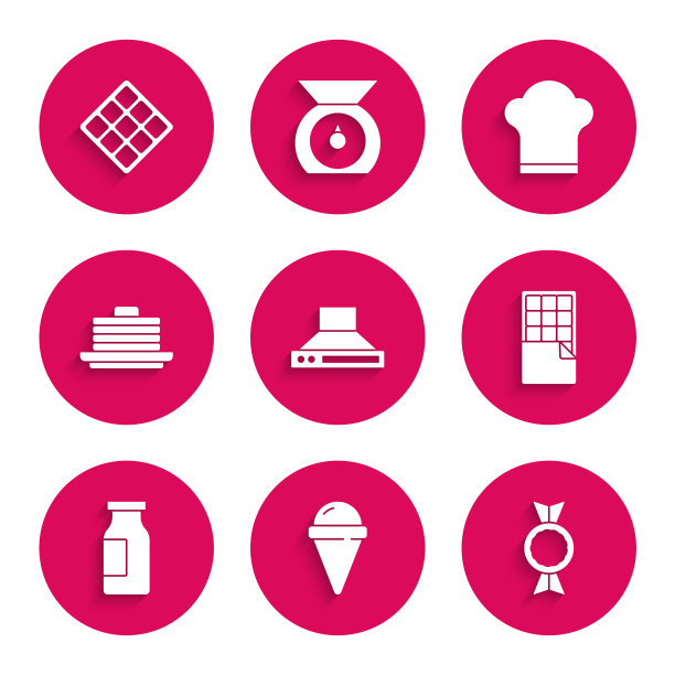 设置厨房抽油风扇，华夫饼筒冰淇淋，糖果，巧克力棒，牛奶瓶，煎饼叠，厨师帽和华夫饼图标。向量图片下载