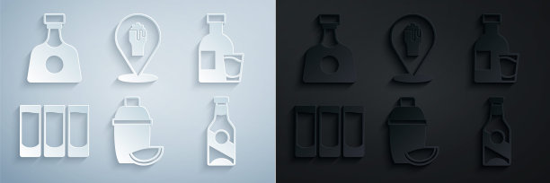 设置鸡尾酒摇壶与青柠，伏特加酒瓶，射击，啤酒瓶，酒精或啤酒酒吧的位置和龙舌兰图标。向量图片下载