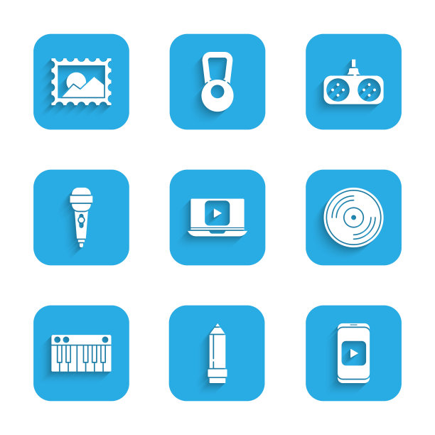 设置在线播放视频，铅笔与橡皮擦，乙烯基磁盘，音乐合成器，麦克风，手柄和邮政邮票图标。向量图片下载