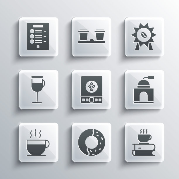 设置甜甜圈与甜釉，咖啡杯和书，手动咖啡研磨机，电子秤，爱尔兰，菜单和图标奖章。向量图片下载