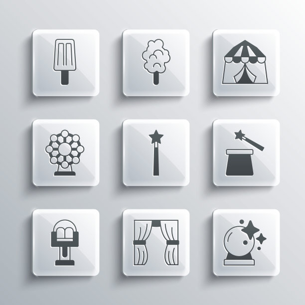 设置马戏团幕布升起，魔术球，帽子和魔杖，吸引力旋转木马，摩天轮，冰淇淋和帐篷图标。向量图片下载