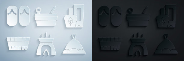 设置香薰蜡烛，膏霜管，桑拿桶，帽子，勺子和人字拖图标。向量图片下载