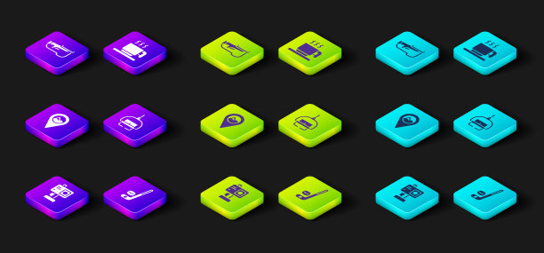 设置行动相机，冰球棍和冰球，位置与山，滑雪电梯，热巧克力杯和冬季两项步枪图标。向量图片下载