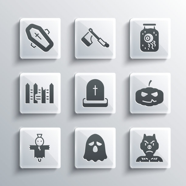 设置鬼，克拉普斯，赫克，南瓜，墓碑与RIP写，稻草人，花园栅栏木，棺材十字架和眼睛罐子图标。向量图片下载