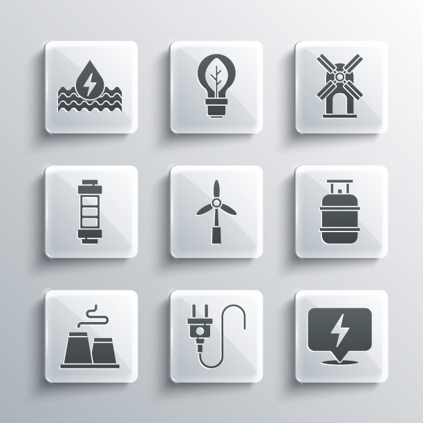 设置电插头，闪电螺栓，丙烷气罐，风力涡轮机，工厂，电池，水能和图标。向量图片下载