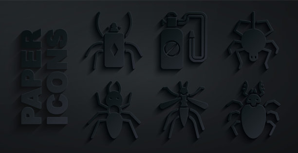 设置蚊子，蜘蛛，蚂蚁，甲虫鹿，压力喷雾器和昆虫图标。向量图片下载