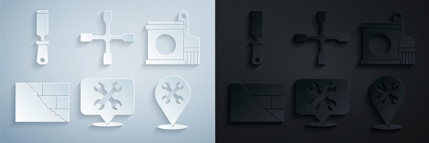 设置位置与扳手，油漆桶和刷子，砖，车轮和锉刀金属文件图标。向量图片下载