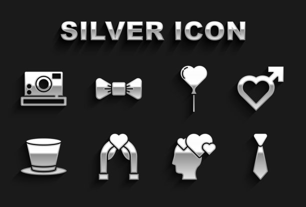Set Wedding arch, Heart with male gender, Tie, Head Heart, Cylinder hat, balloon form of, Photo camera and Bow Tie icon。向量图片下载