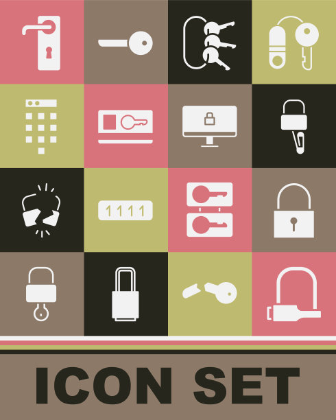 可设置自行车锁、锁、撬锁、钥匙串、钥匙卡、密码保护、门把手、电脑显示器图标。向量图片下载