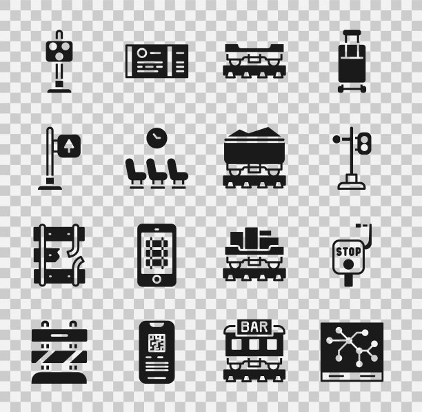 设置铁路地图，紧急刹车，火车交通灯，货车，候车室，路标，煤炭图标。向量图片下载