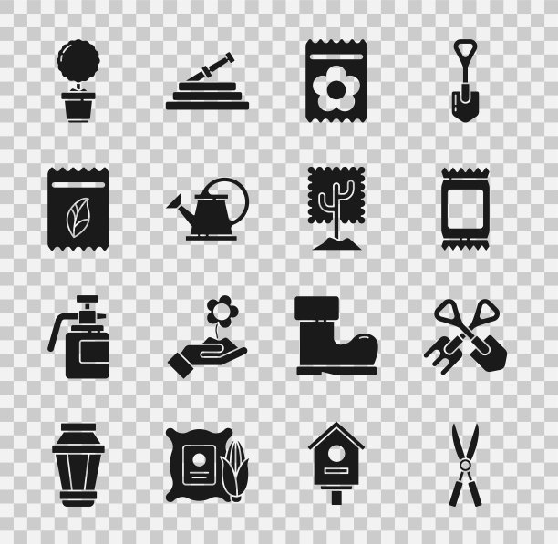 设置园艺手工剪刀，铲子耙，肥料袋，装满植物种子，浇水罐，花盆和树的图标。向量图片下载