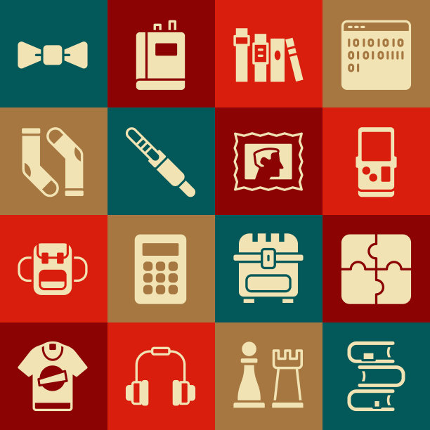 集书，拼图，俄罗斯方块，音频杰克，袜子，蝴蝶结和邮政邮票图标。向量图片下载