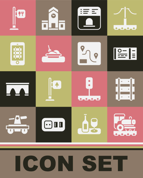 设置古董机车，铁路，铁路轨道，火车票，售票处购买车票，餐盘与食物，在线购买火车，咖啡厅和餐厅位置和路线图标。向量图片下载