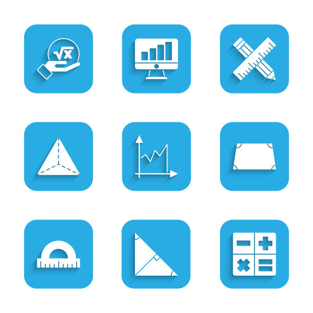 设置图形，图表，图表，角平分线三角形，计算器，锐角梯形形状，量角器，几何图形四面体，交叉尺和铅笔和平方根x字形图标。向量图片下载