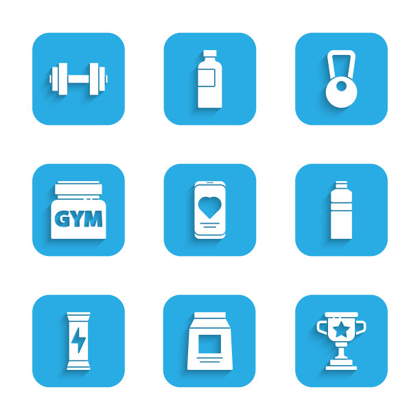 设置移动心率，运动营养，奖励杯，健身摇壶，壶铃和哑铃图标。向量图片下载