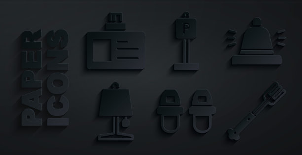 设置酒店拖鞋，服务铃，台灯，叉子，停车场和标识标志。向量图片下载