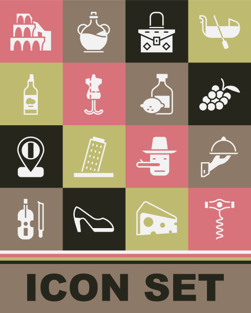 设置葡萄酒开塞钻，覆盖托盘的食物，葡萄水果，手袋，人体模型，瓶子橄榄油，罗马竞技场和柠檬瓶图标。向量图片下载