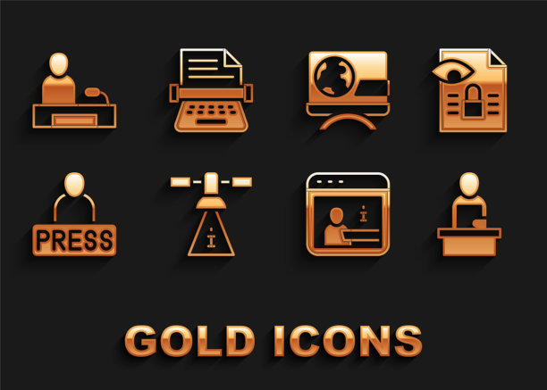 集卫星，新闻调查，突发新闻，信息，电视报道和复古打字机图标。向量图片下载