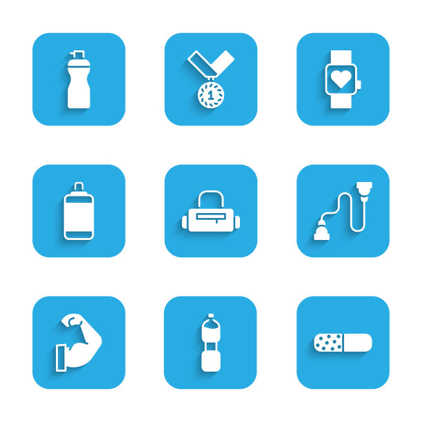 集运动包，瓶装水，维他命药丸，扩胸器，健美者肌肉，拳击，智能手表和健身摇壶图标。向量图片下载