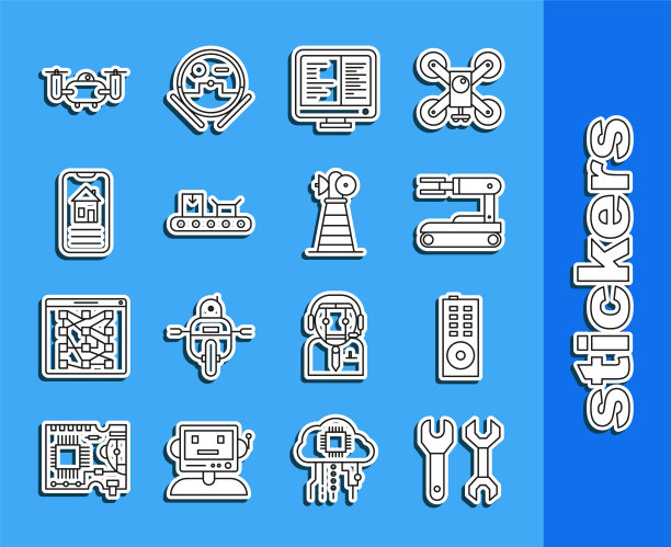 可设置线扳手、遥控器、机器人、电脑显示屏、带纸盒的传送带、智能家居、无人机飞行动作相机和天线图标。向量图片下载