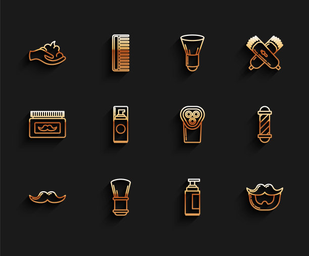 设置线胡子，剃须刷，凝胶泡沫在手上，奶油或乳液化妆品管，胡须，经典的理发店杆和电动剃须刀剃须刀图标。向量图片下载