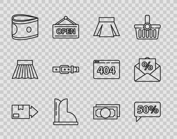 设置线纸箱纸箱，五折标签，裙子，防水橡胶靴，叠纸钱现金，皮带，和一个兴趣图标的信封。向量图片下载