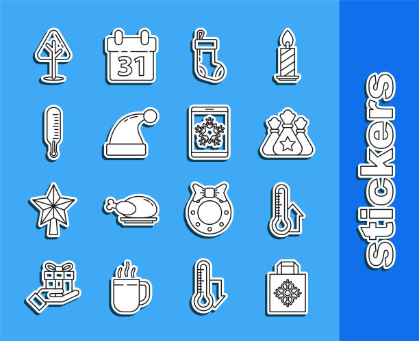 设置线圣诞纸购物袋，气象温度计测量，圣诞老人礼物，袜子，帽子，树和智能手机和雪花图标。向量图片下载