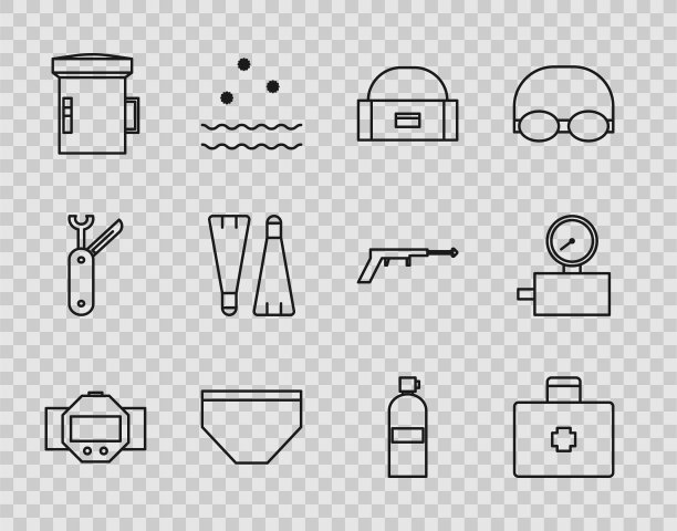 设置线潜水手表，急救箱，箱子或箱子的容器为摆动，游泳短裤，大手电筒潜水员，橡胶鳍状肢游泳，aquung和标尺刻度图标。向量图片下载