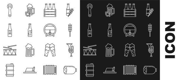 设置线萨拉米香肠，乐器喇叭，谷物集大米，小麦，玉米，燕麦，黑麦，大麦，包装啤酒瓶，啤酒，开瓶器和木桶上架stopcock图标。向量图片下载