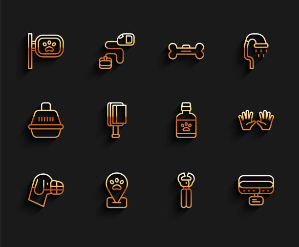 设置线狗的口吻，定位宠物美容，宠物，指甲钳，项圈与姓名标签，毛刷的狗和，医用橡胶手套和药瓶图标。向量图片下载