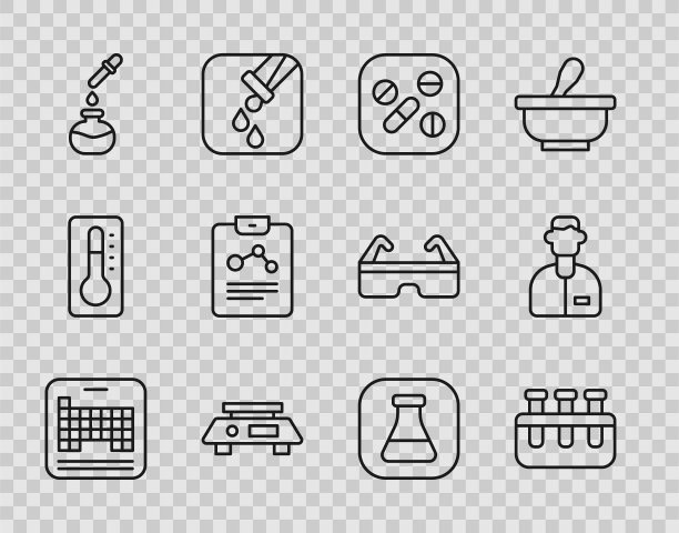 设置行周期表，试管和烧瓶，药片或片剂，电子秤，化学报告，实验室助理图标。向量图片下载