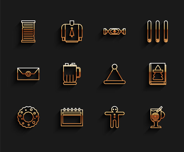 集行圣诞花环、日历、愿望清单模板、节日姜饼人饼干、热葡萄酒配杯饮料、热巧克力杯棉花糖、书和圣诞老人帽子图标。向量图片下载