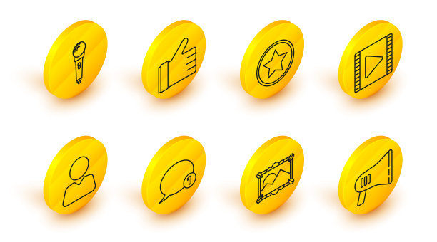 设置线路扩音器，图片景观，语音气泡聊天，添加到朋友，播放视频，星号，手像和麦克风图标。向量图片下载