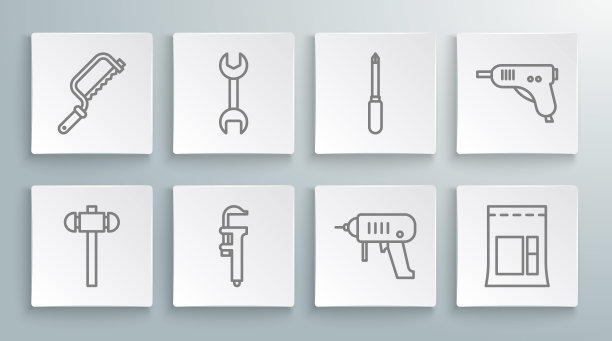 设置线大锤，扳手，卡钳或卡钳和磅秤，电钻，水泥袋，螺丝刀，热胶枪和钢锯图标。向量图片下载