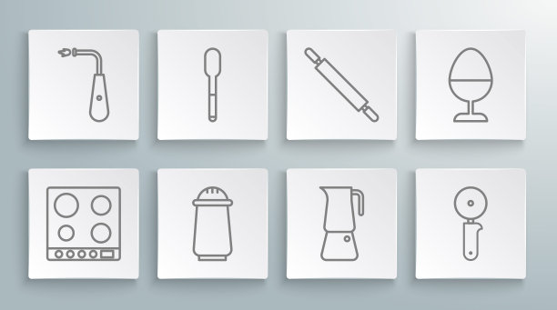 集煤气灶、勺子、盐和胡椒、摩卡锅、披萨刀、擀面杖、鸡蛋架和长电打火机图标于一体。向量图片下载