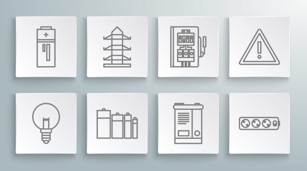 灯泡，高压电杆线，电池，汽车电池，电延长线，电气面板，感叹号三角形和图标。向量图片下载