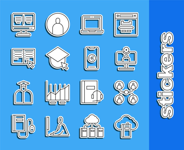 设置线云或在线图书馆，在线课程，视频聊天会议，笔记本电脑，毕业帽地球仪，书，监视器和播放视频图标。向量图片下载