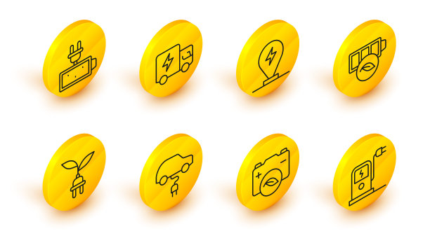 设置线电动汽车充电站，生态自然叶电池，节约插头，充电停车电动，卡车和电池充电图标。向量图片下载