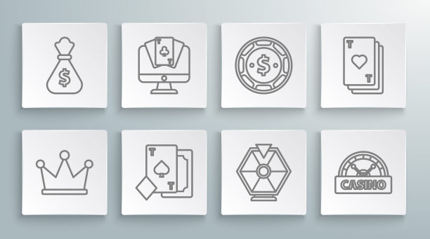 设置线皇冠，在线扑克桌游，打黑桃，幸运轮，赌场招牌，筹码美元，心和钱袋图标。向量图片下载
