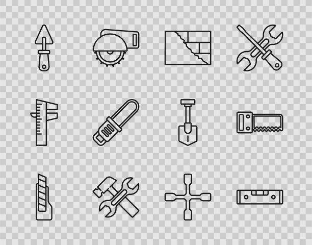 设置线文具刀，施工气泡水平，砖，锤和扳手，泥铲，电锯，车轮和手图标。向量图片下载