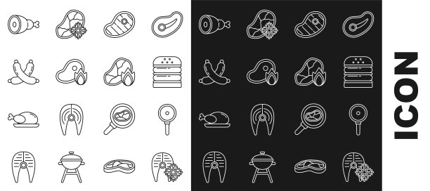 集新鲜冷冻鱼排，煎锅，汉堡，牛排肉，烧烤和火焰，交叉香肠，鸡腿和图标。向量图片下载