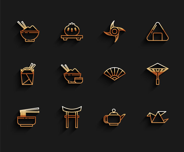 在碗和筷子，日本门，米饭，日本茶道，折纸鸟，雨伞从太阳和纸中国或日本折扇图标。向量图片下载