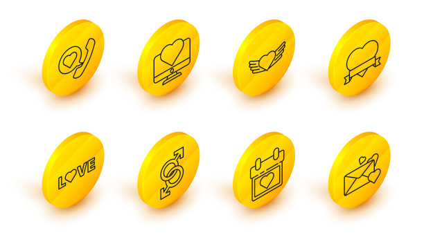 集线信封与心，日历，男性性别符号，爱情文本，心和丝带，翅膀，电脑显示器和电话语音气泡图标。向量图片下载