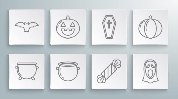 集万圣节女巫坩埚，南瓜，糖果，滑稽吓人的鬼面具，棺材与基督教十字架，和飞行的蝙蝠图标。向量图片下载