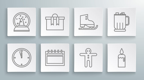 设置行时钟，礼品盒，日历，假日姜饼人饼干，燃烧的蜡烛烛台，花样滑冰，热巧克力杯棉花糖和圣诞雪球图标。向量图片下载